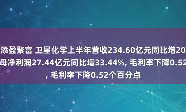 添盈聚富 卫星化学上半年营收234.60亿元同比增20.93%, 归母净利润27.44亿元同比增33.44%, 毛利率下降0.52个百分点